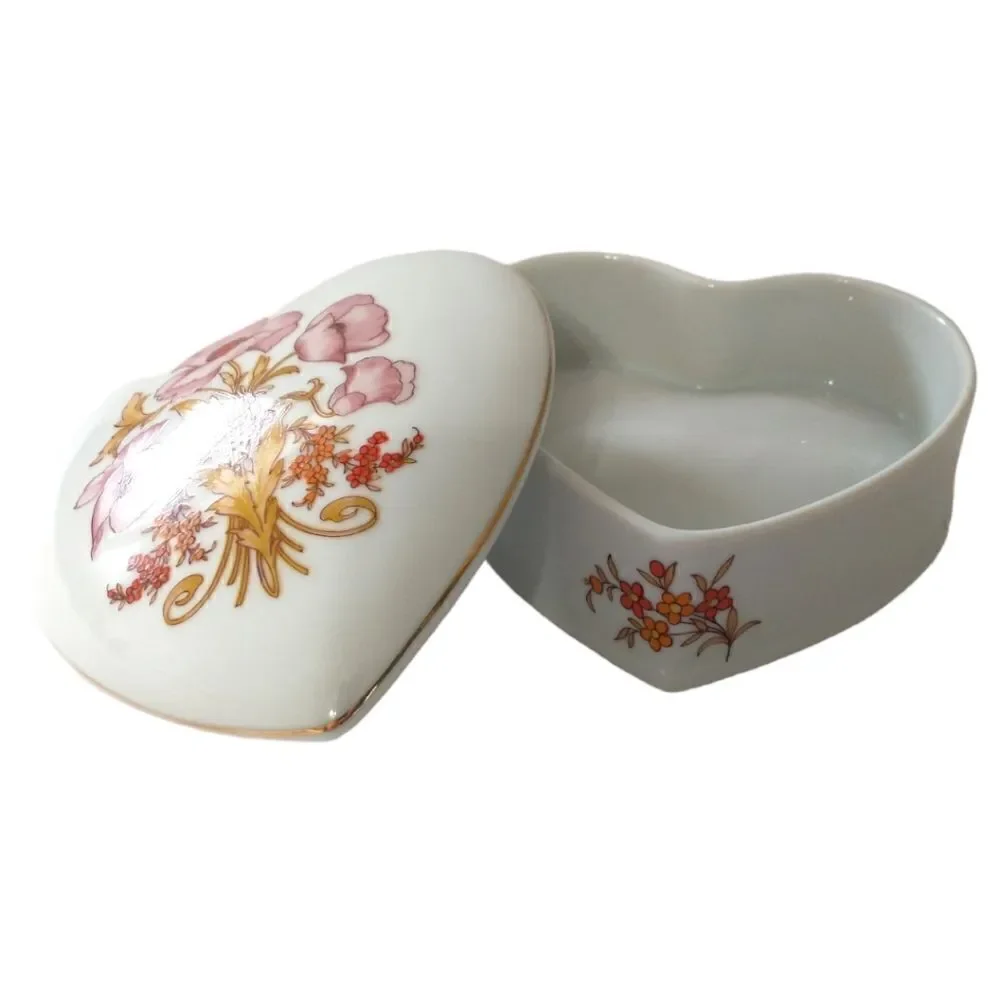 Heart Trinket‎ Jewelry Box Dish Lid Ceramic Flowers Floral Gift Leart Brazil.